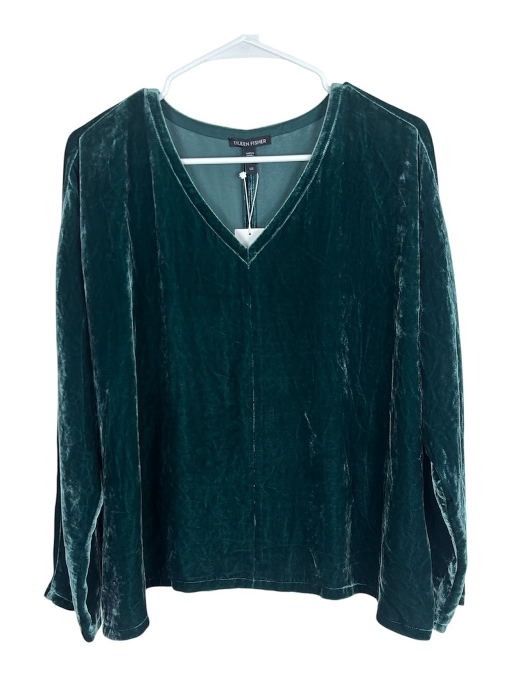 Eileen Fisher Velvet V-Neck Top Women’s L Green Long Sleeve Silk Boxy Fit NWT